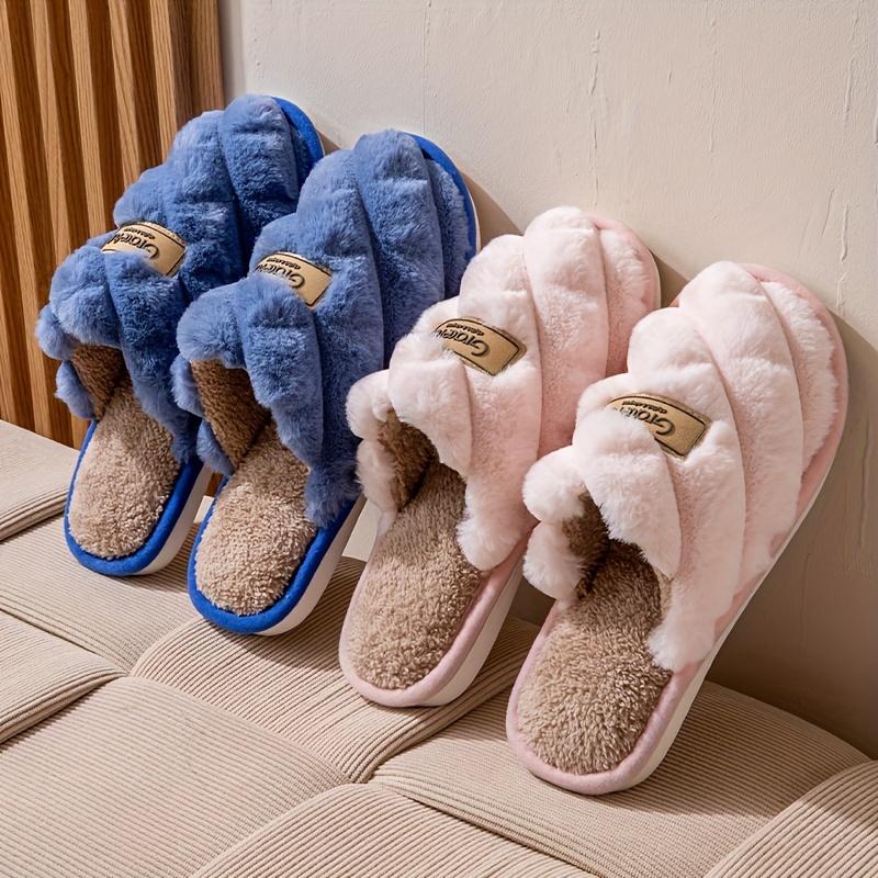 Warm Cozy Slippers - Plaid Colorblock Non-Slip Indoor Home Shoes with Soft Faux Rabbit Fur Lining for Men & Women Footwear Flipflop Girl Slide 1