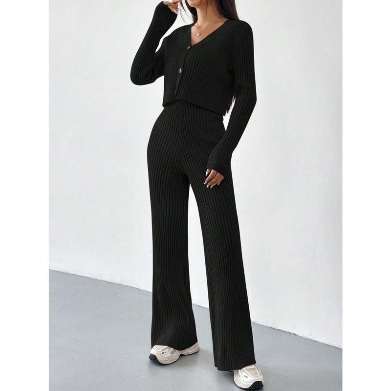 EZwear Autumn And Winter 2pcs/Set Women V-Neck Button Decor Contrast Color Long Sleeve Top And Knitted Long Pants Sweater Suit Clothes Fit Womenswear Comfort Fabric Gamis Trouser Casual Black 5