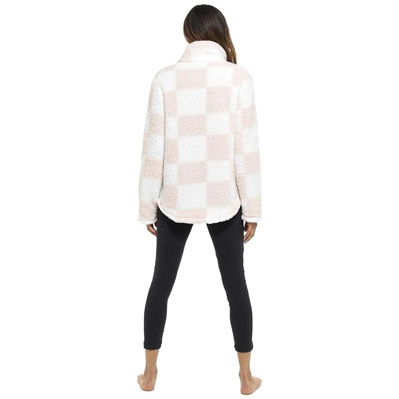 Women's Half-Zip Sherpa Fleece Jumper - Soft & Plush Casual Lounge Sweater, Check Design - Sizes 8-22 1