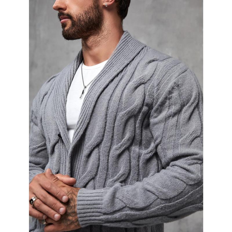 Manfinity RivetRise Men Shawl Collar Cable Knit Cardigan Chunky Plain Light Grey Urban Fashion Husband 3