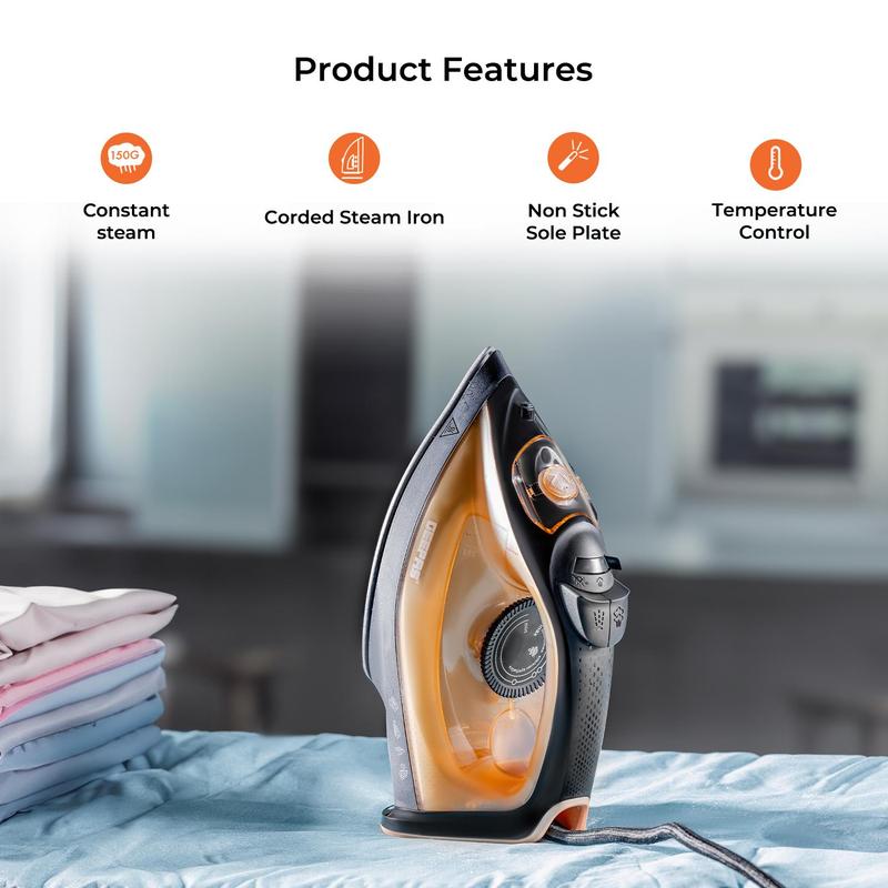 Steam Iron 1800W Non-Stick Soleplate Dry/Steam Iron Adjustable Temperature Gold 1