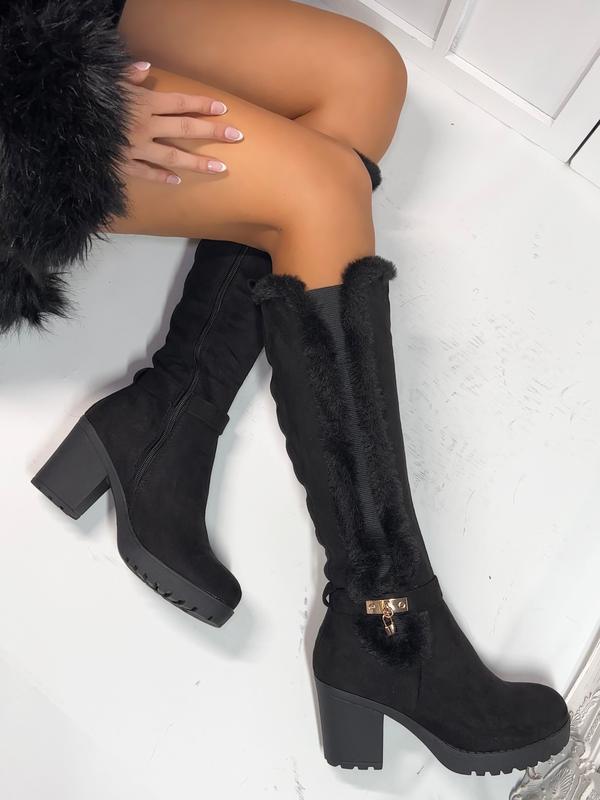 Maeve Heeled Knee High Zipped Boots with Faux Fur Trimming 4