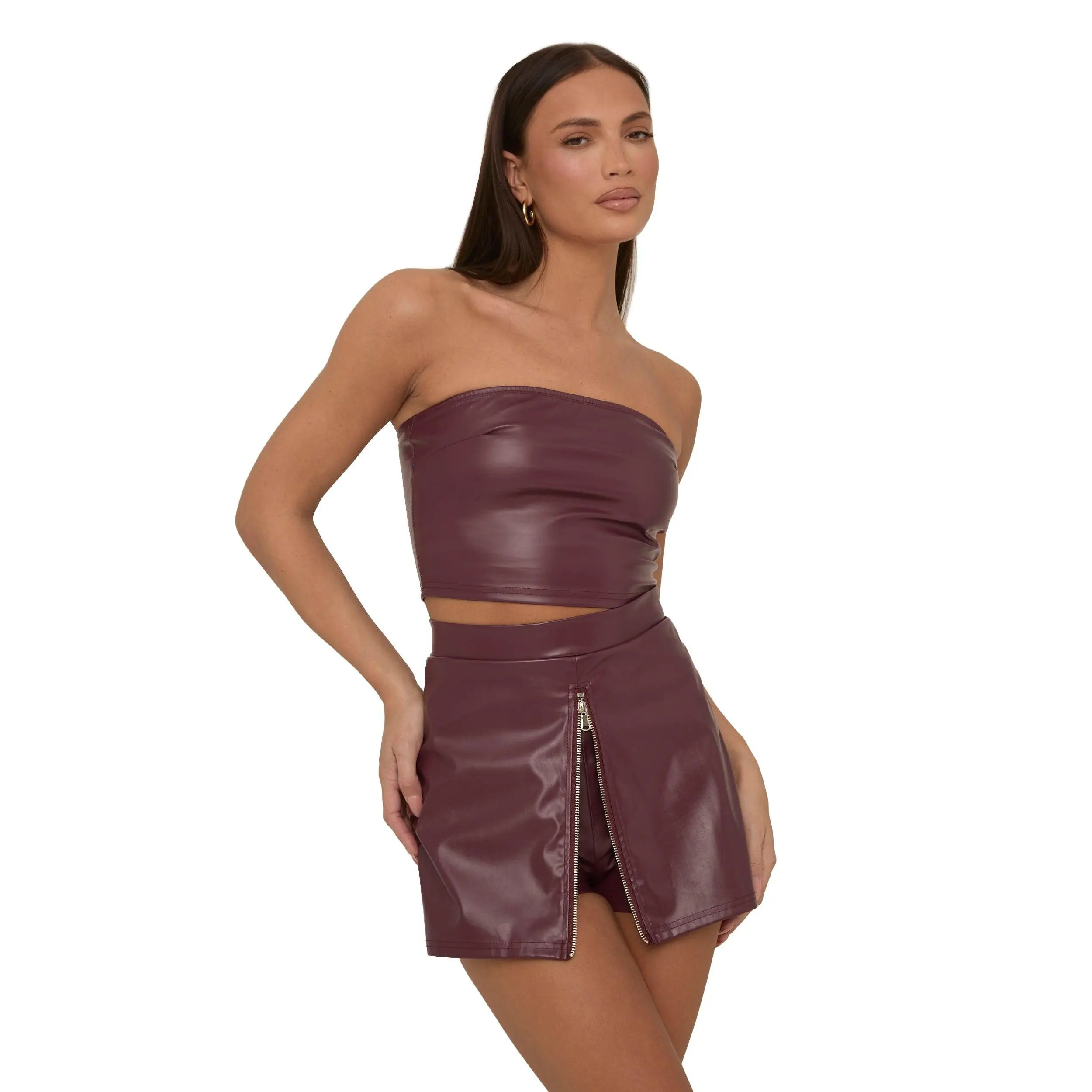 Saffron Womenswear Rebellious Fashion Faux Leather Zip Front Top And Skort Co-ord Set