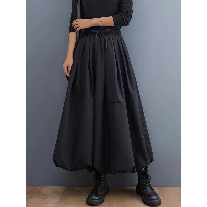 Women's Elegant Black Maxi Skirt - Solid Color, A-Line Silhouette with Pockets, Polyester, Machine Washable, Ideal for Spring/Summer 3