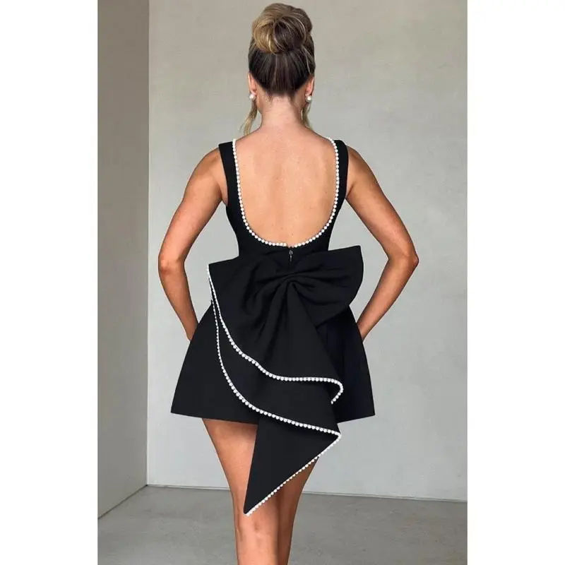 Elegant Pearl Bow Backless Sexy Mini Dress Women's Luxury Party Short Dresses White Black Pink Birthday Evening Wedding Summer