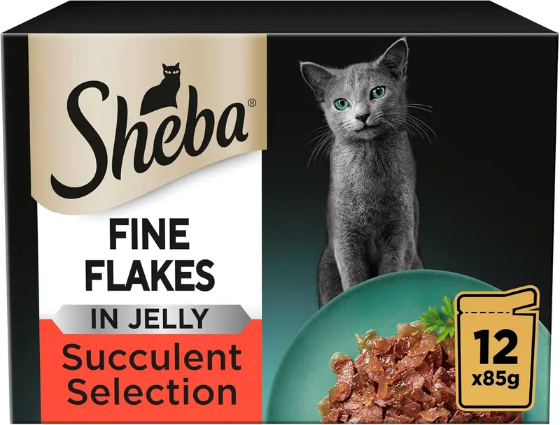 Sheba Fine Flakes Wet Cat Food Pouches - MultiPack Succulent Collection with Beef, Chicken, Lamb and Turkey in Jelly, Pack of 4 (4 x 12 Pouches x 85 g) 1