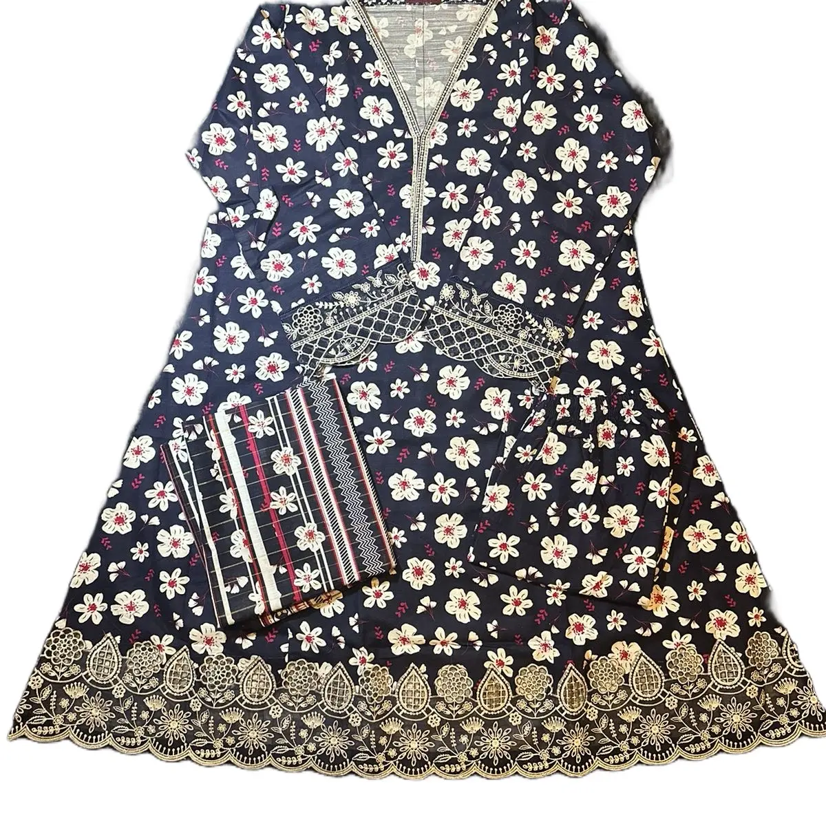 Bin Saeed 3 pc Khadar Frock with Embroidered Patches S to L Womenswear Casual