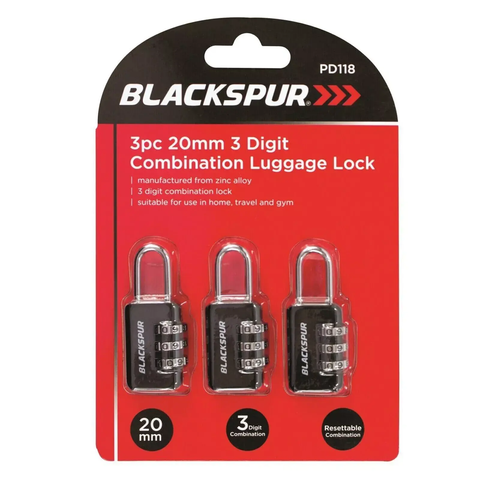 Blackspur 3-Digit Combo Lock Set (3 Pack) | Zinc Alloy Padlocks for Luggage, Travel Bags, Gym Lockers, Toolboxes | 20mm Shackle, Resettable Combination | Travel Security, Durable & Secure Luggage Lock Set | Ideal for School, Locker, Outdoor Use