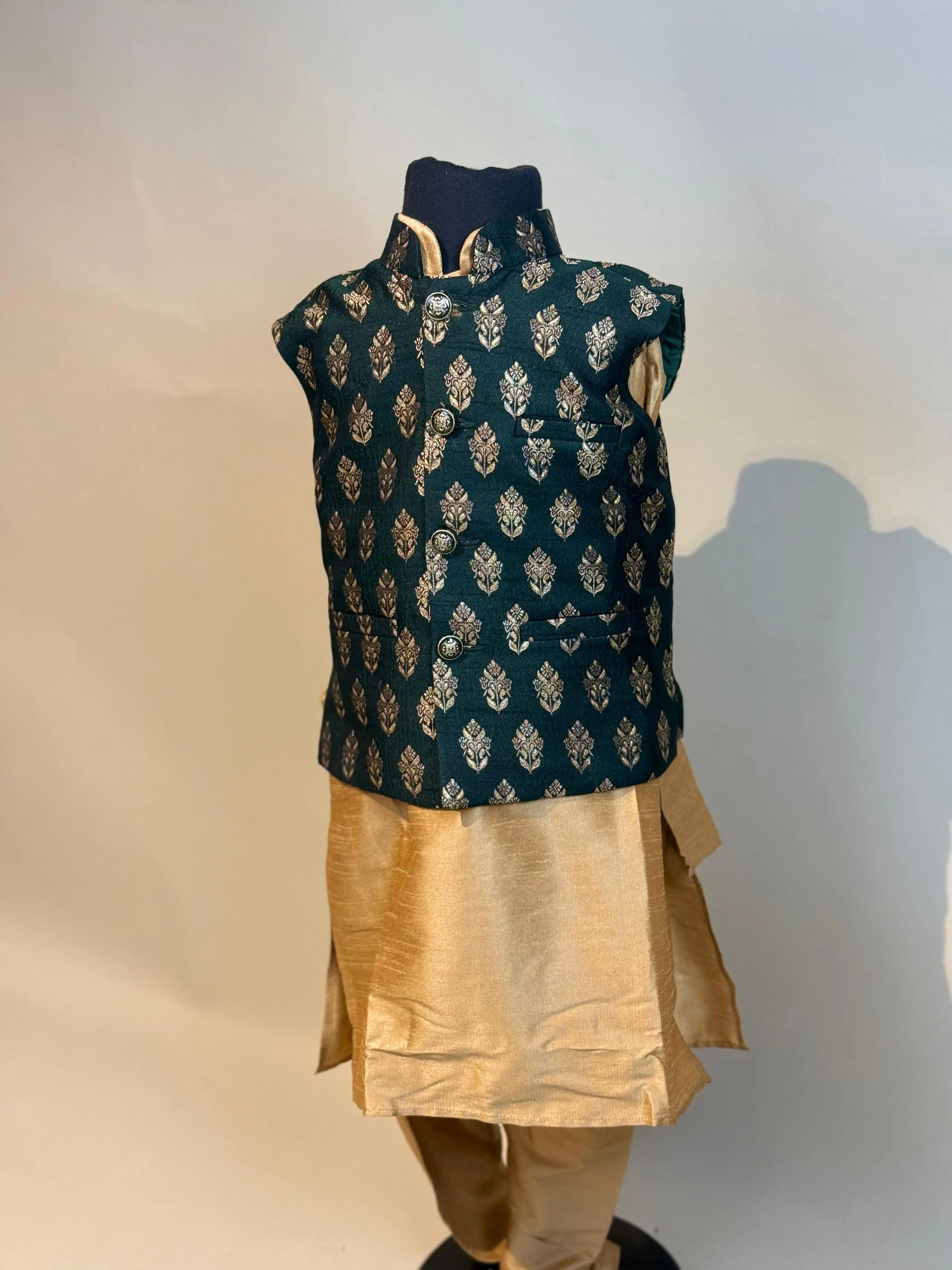 Royal Golden Boys' Kurta Pajama with Bottle Green Waistcoat - Traditional Celebration Outfit, Kids Ethnic Wear (Ages 1-14)
