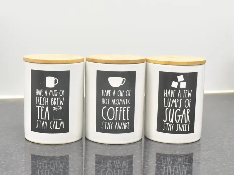 Set of 3 Jars Kitchen Canister Jar For Tea Coffee Sugar Storage Pots Wooden Lid Home Decorative, Kitchen, Dining Table, Eye-Catching Design (White & Black) 3