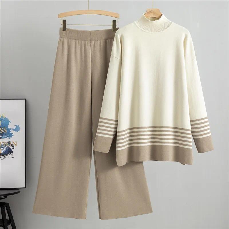 Muslim Knitting Suit Women Two Piece Sets Pullover Striped Sweater Knitted Wide Leg Pants Outfits Casual Knitwear Ensemble 2024 8