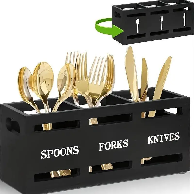 Rustic Wooden Kitchen Utensil Holder with Sturdy Iron Handle - 3-Compartment Organizer for Spoons, Forks, Knives - Perfect for Home & Restaurant Storage Kitchen Knives Knife Classic Black 5