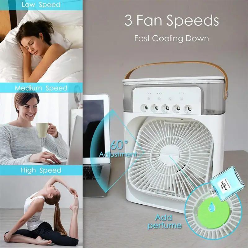 Product Introduction of USB Portable Fan with 7 Colors LED Light, 3 Wind Speeds & 3 Spray Modes for Bedroom, Nightstand, or Coffee Table 6