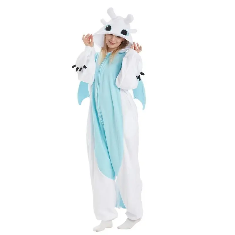 Unisex's Dragon Pattern Drop Shoulder Zipper Polar Fleece Jumpsuit, Cute Long Sleeve Pocket Halloween Party Costumes for Women & Men, Unisex's Dragon Toothless Onesie Pajamas Clothing for Fall & Winter 0