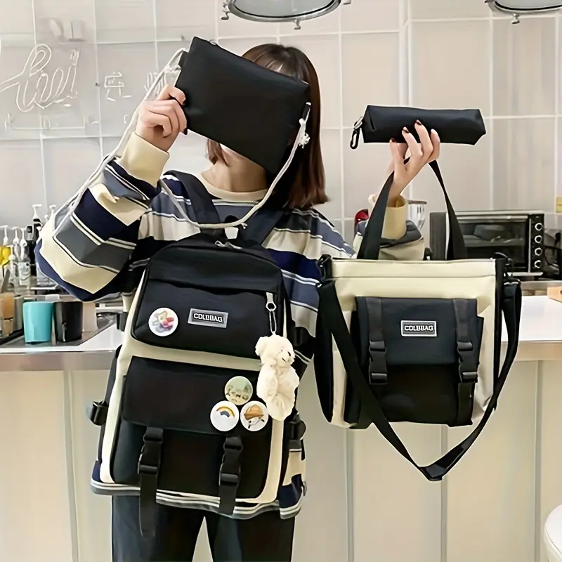 4pcs/set Simple Casual Backpack Large Capacity School Bag Travel Bag Canvas Shoulder Bag For Students 6