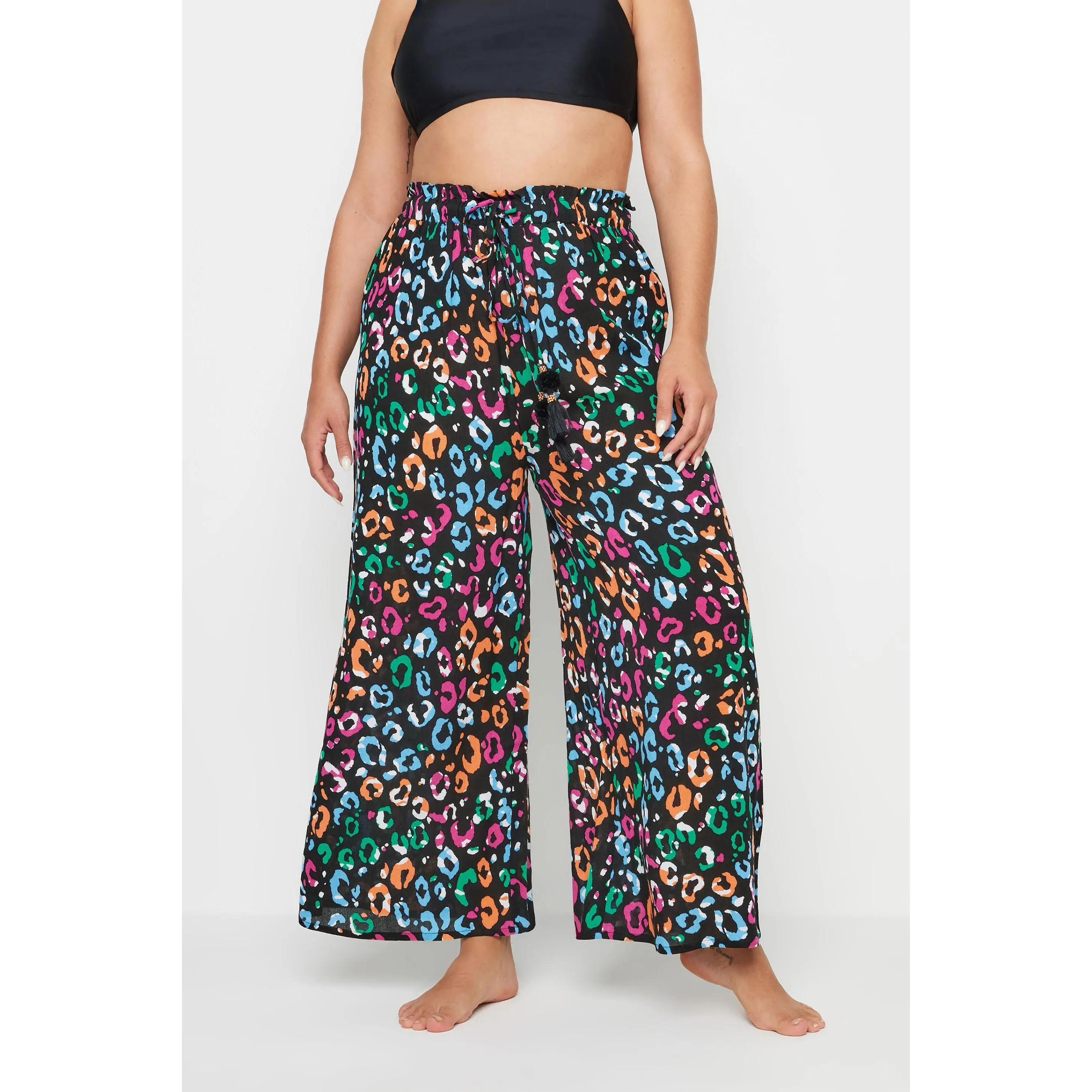 YOURS Curve Black Rainbow Leopard Print Beach Trousers