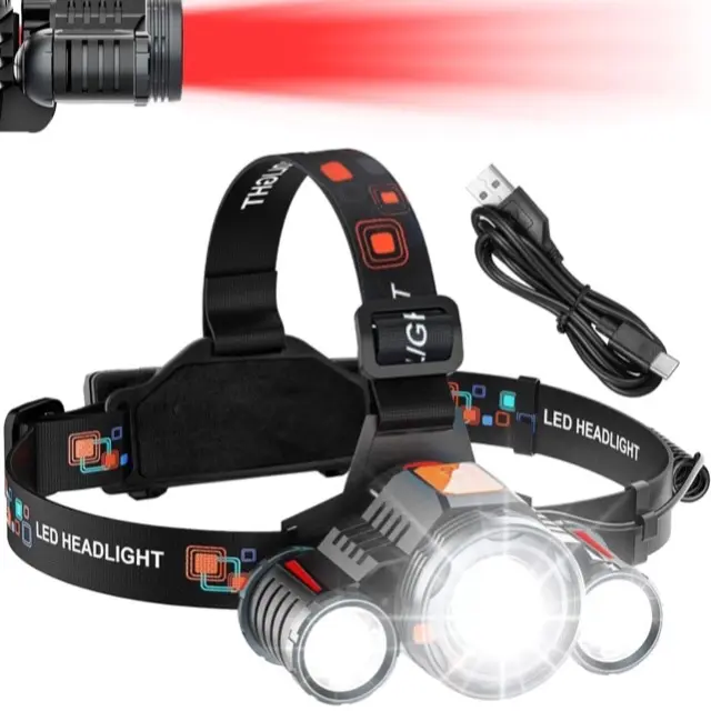 LED Head Torch Super Bright with Upgraded Red Warning Light Rechargeable Headlamp 8000 Lumen, 5-Hour Max Lighting Power Display Waterproof Outdoor Headlight for Camping, Hiking, Fishing.