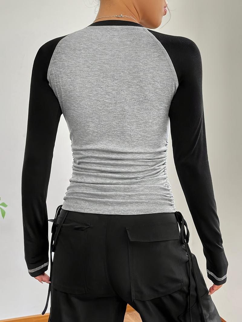 Product Introduction of Women Long Sleeve Slim Fit T Shirts Holiday Party Crop Top Y2k Long Sleeve Korean Harajuku Kpop Graphic Patchwork Tee 5