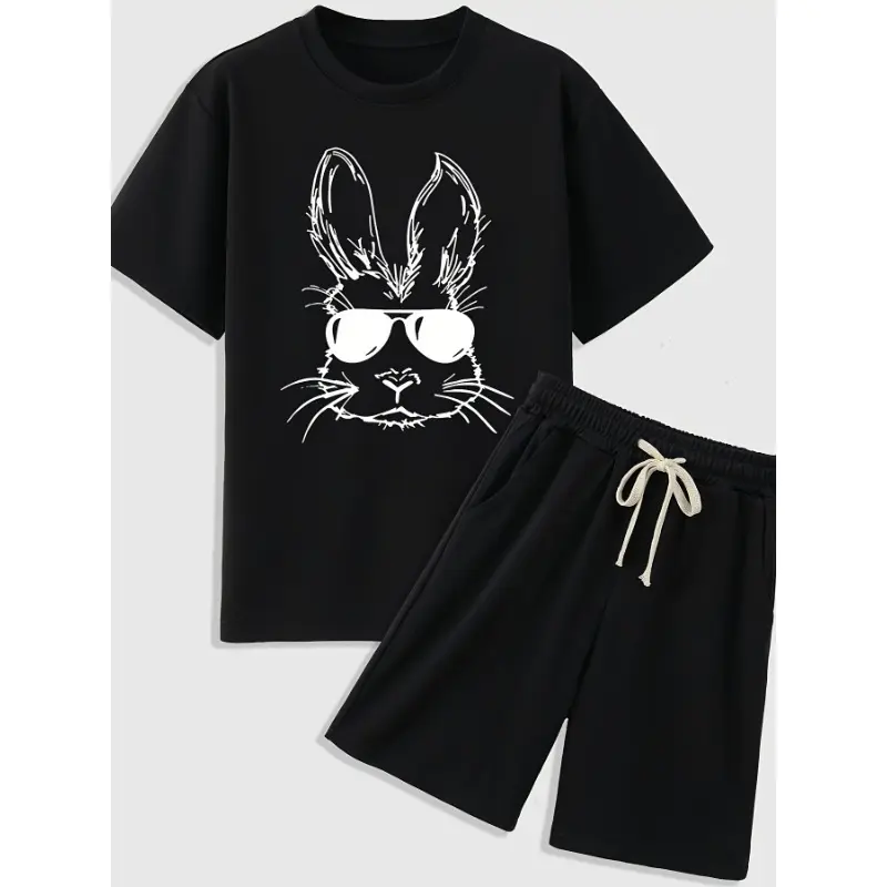 2pcs Boys Happy Easter Cool Bunny And Egg Graphic Print Short Sleeve T-shirt & Shorts Set, Comfy Summer Boys Clothes For Daily & Outdoor Wear