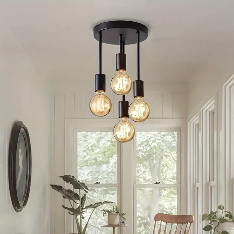 1Pc black 4-lamp ceiling light pendant, modern artificial satellite design, E27 bulb base, bedroom, kitchen, living room, corridor lighting (without bulbs) 4
