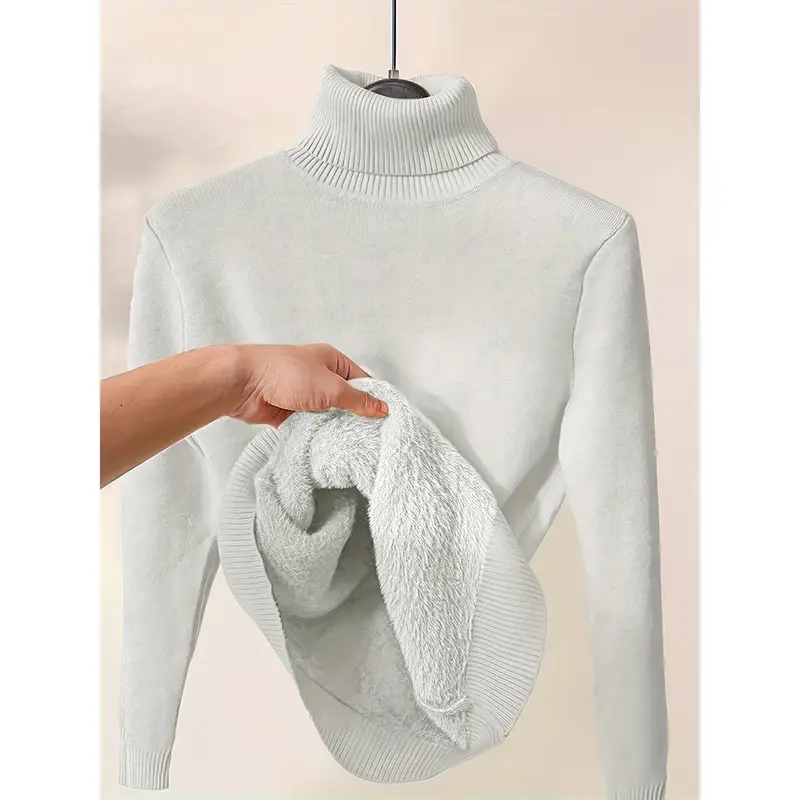 Solid Turtle Neck Pullover Sweater, Casual Long Sleeve Thermal Sweater For Fall & Winter, Women's Clothing 1