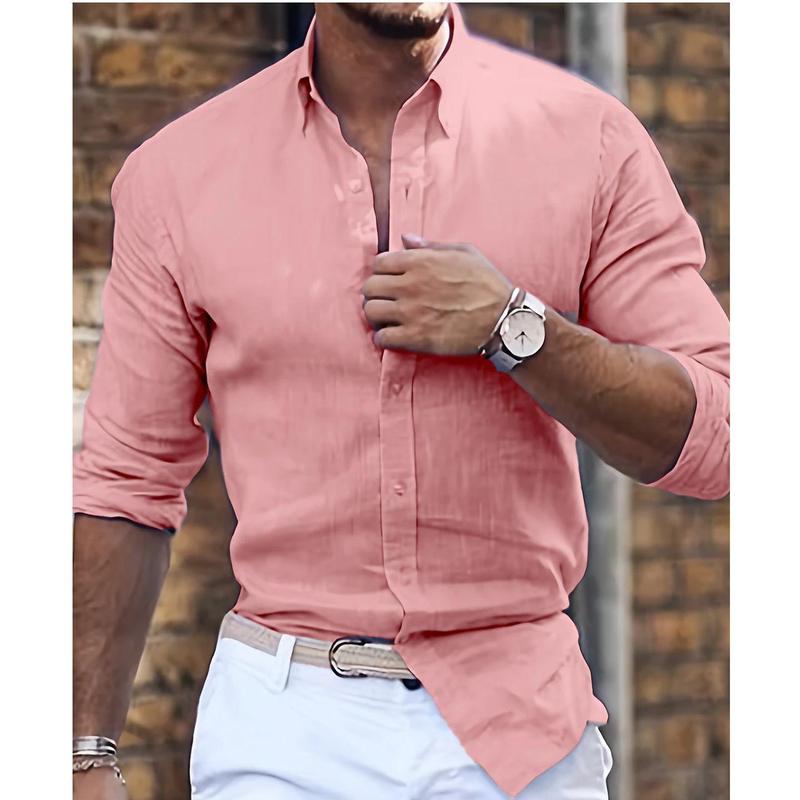Cotton Linen Long Sleeve Shirt Solid Color Polo Collar Casual Style Shirt 8
