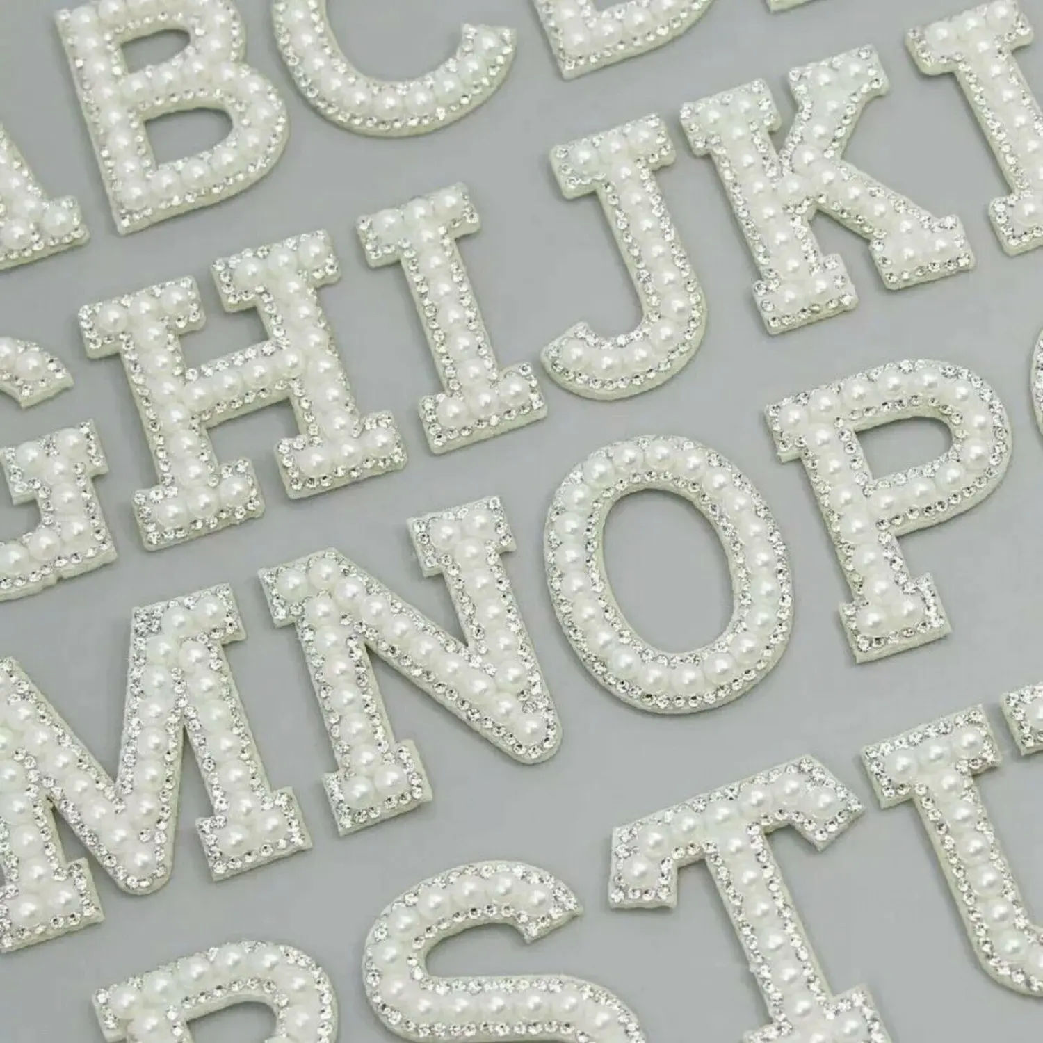 White Pearl Rhinestone Sparkle Letter Patches Alphabet Embroidery Clothes