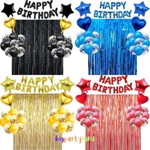 16" inch Foil Happy Birthday Balloon with Tinsel Curtain Star Heart Latex Balloon 39 pcs Set. birthday  balloons Gold