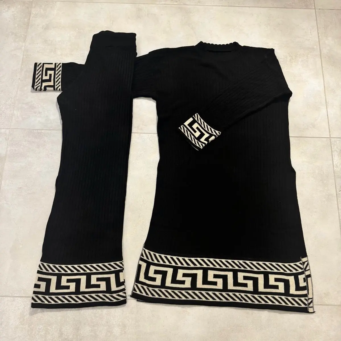 Ladies' Longline Co-ord Set, Warm Knitted, Black and White, Size 8-16 - Tops, Knitwear Modest