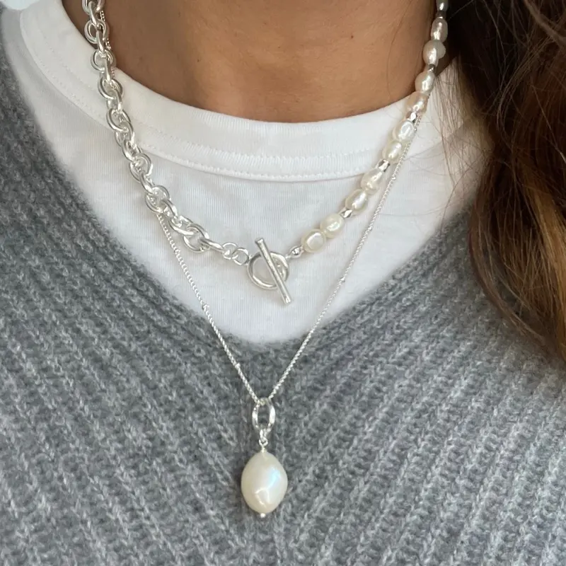 Brittany Fresh-water Pearl Chain Necklace T-bar Fastening - Silver 3