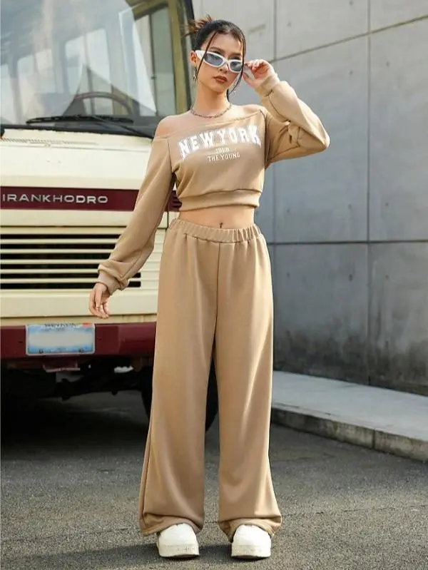 Kids 2pcs/Set Teenage Girls Casual Off-Shoulder Sweatshirt And Sweatpants Set 1
