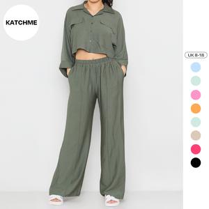 KatchMe Women's Versatile Long Sleeve Button Crop Top & Elastic Waist Pocket Trousers Co-ord,Lady Two-Piece Outfit for Womenswear,Plain Co-ord Set