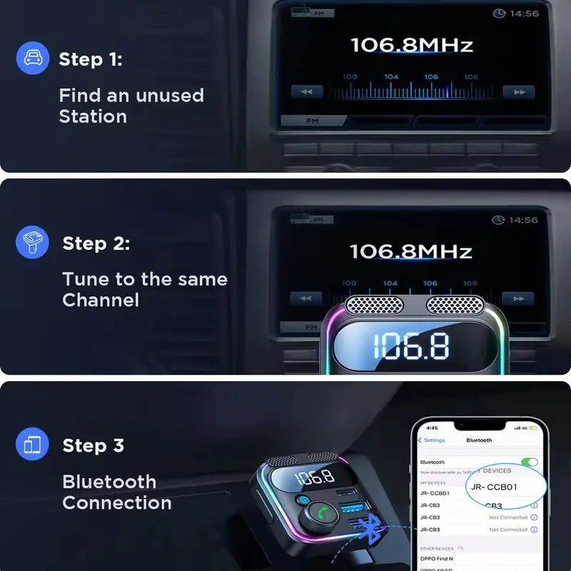 Wireless In-Car Bluetooth FM AUX Adapter [Noise Canceling] [Stronger Microphone LED Digital Display] 5.3 Bluetooth Car Adapter AUX  Transmitter Radio Adapter with PD USB Charger & MP3 Player Hands-Free Calling & Music Streaming 48W Fast Charge 3