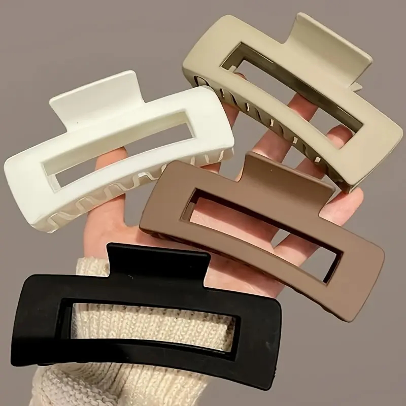 4pcs Women’s Matte Plastic Geometric Hair Claw Clips - Large Rectangular Design in White, Beige, Brown & Black, Simple Style for Everyday Use, Hair Clips