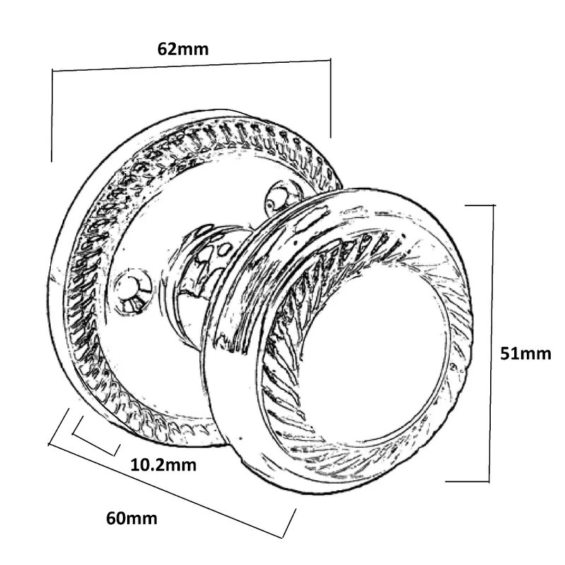 Door Knobs Satin Interior Mortice Georgian Rope 63mm Diameter Rose 50mm Knob 1