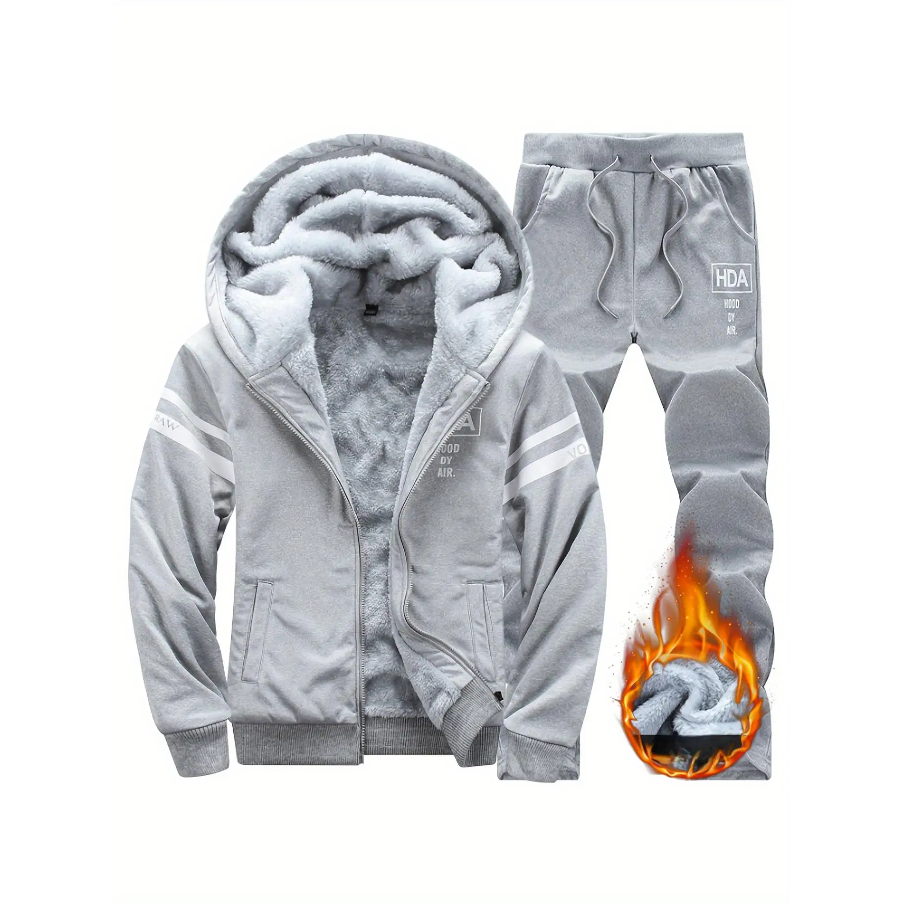 Men's Autumn/Winter Athletic Lounge Set - Fleece-Lined Hooded Jacket with Striped Detail &  Print Joggers, Warm Sportswear for Home & Casual Outings Clothes Menswear