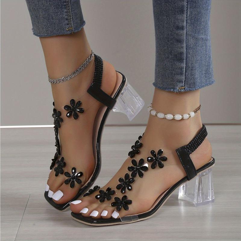 Women's Flower Rhinestone Block Heel Sandals, Fashion Square Open Toe Elastic Strap Slip On High Heels, Versatile Sandals 2