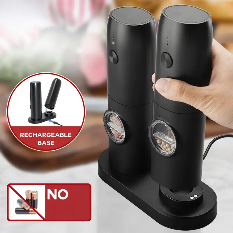Rechargeable Electric Pepper and Salt Grinder Set, Automatic Pepper Grinder, with Charging Base, USB Cable, LED Light, Adjustable Coarseness, Single-Handed Automatic Operation, Black 2pcs 5