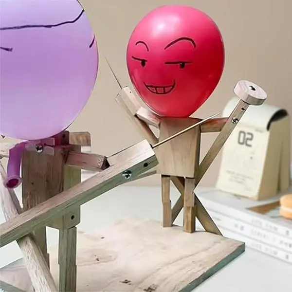 2-Player Balloon Bamboo Man Battle Game - Boom Boom Balloon Game, Handmade Wooden Fencing Puppet Set for Exciting Balloon Battles, Fast-Paced Party Game for Kids and Adults (With 100 Balloons)