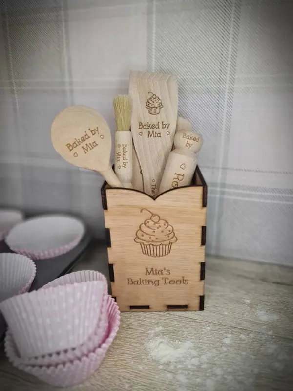 6 piece Personalised baking set, Beautiful gift for child baker,  Kids pretend play present - kitchen - birthday - christmas - bakery set 8