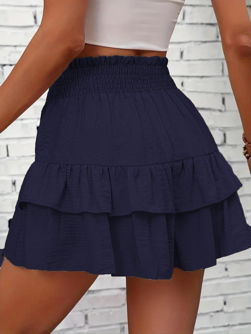 Product Introduction of Women's Frill Trim Ruffle Hem Shirred High Waist Shorts, Boho Casual Tiered Layer Shorts for Spring & Summer, Summer Shorts for Women, Back To School, Ladies Elegance Minimalist Shorts, Wide Leg Shorts for Women, Ruffle Shorts 11