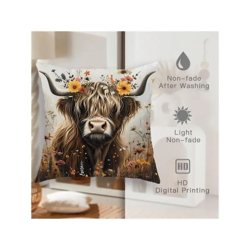 2PCS Highland Cow Botanical Flower Brown Polyester Throw Pillow Covers, Farmhouse Animal Rustic Nature Pillow Covers, Decorative Cushion Covers 45*45Cm/18 "X18", For Living Room Bedroom Sofa Bed Decoration 6