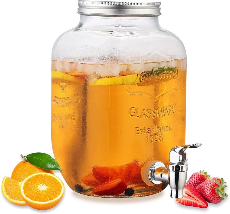 8L Glass Vintage Beverage Drinks Dispenser on Metal Stand Cocktail Jar with Tap  Mason Jar Serving Transparent Classic Drinkware Jug Bottle Set Pour Tin 4