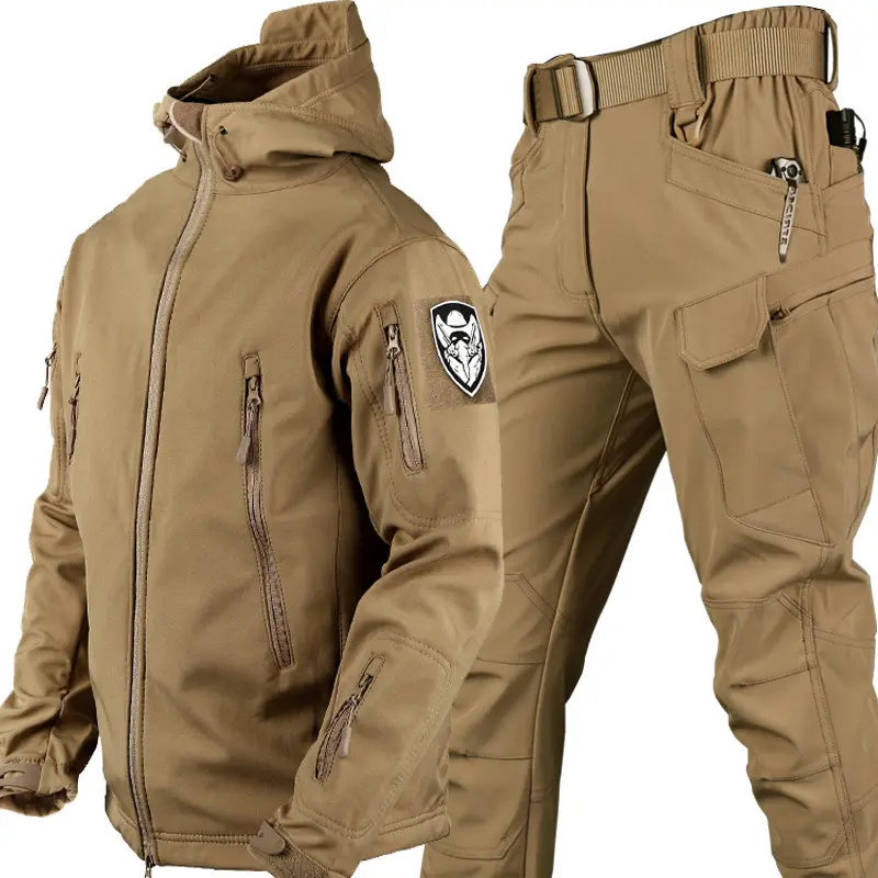 Winter Thicken Men Camo Suit Waterproof Tactical Training Set Multi-pocket Hooded Jacket Fleece Pants Outdoor Hunting 2-piece