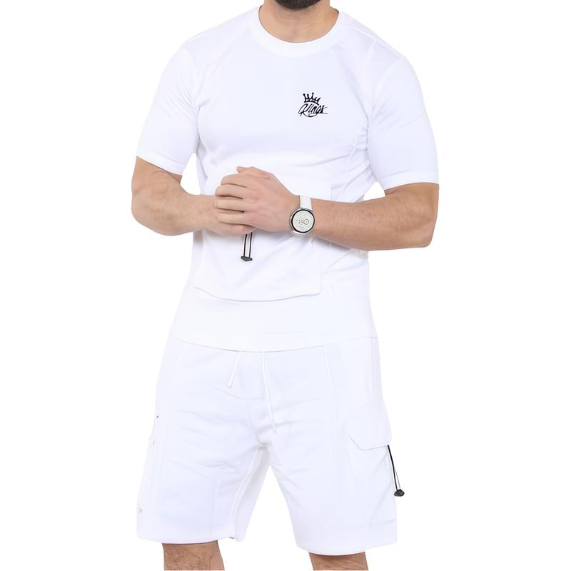 Mens Short Sleeve Short & T-Shirt Set Gym Jogging Lightweight Sweat Top Tee Chest Pocket Cargo Fleece Shorts 7