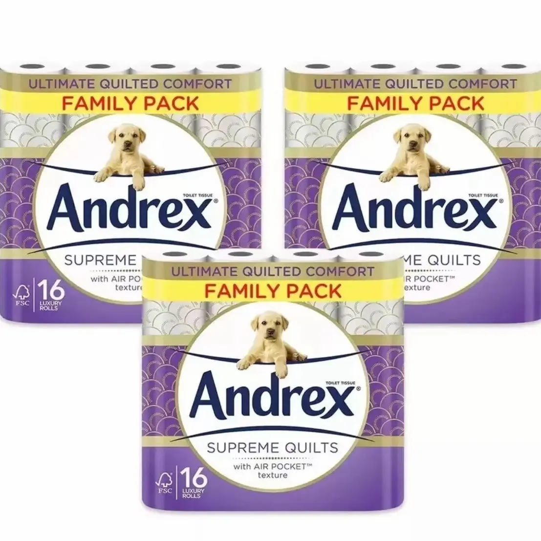 CHOOSE YOUR BUNDLE Andrex Supreme Quilts Quilted Toilet Paper - 25% Thicker Than Before to Provide Ultimate Quilted Comfort with Unique Air Pocket Texture pack of 1,2 or 3. (1 pack = 16 rolls)