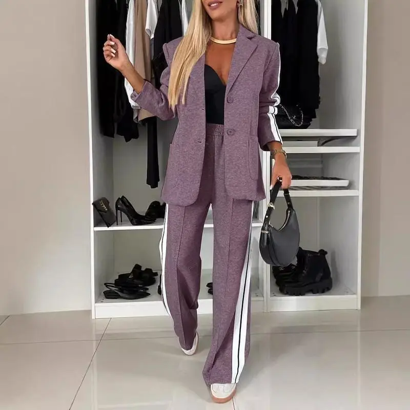 Autumn And Winter New Long Sleeves Suit Women's Suit Fashion Pimp Stitching Pants Pocket Female Office Blazer 2 Piece Set 2024 1