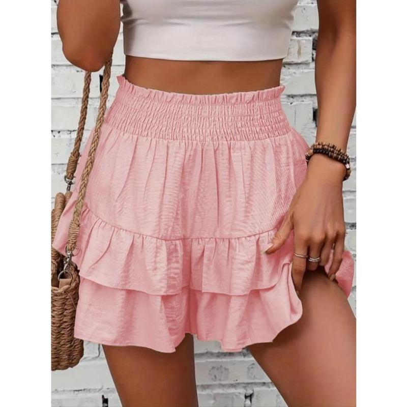 Women's Frill Trim Ruffle Hem Shirred High Waist Shorts, Boho Casual Tiered Layer Shorts for Spring & Summer, Summer Shorts for Women, Back To School, Ladies Elegance Minimalist Shorts, Wide Leg Shorts for Women, Ruffle Shorts 3