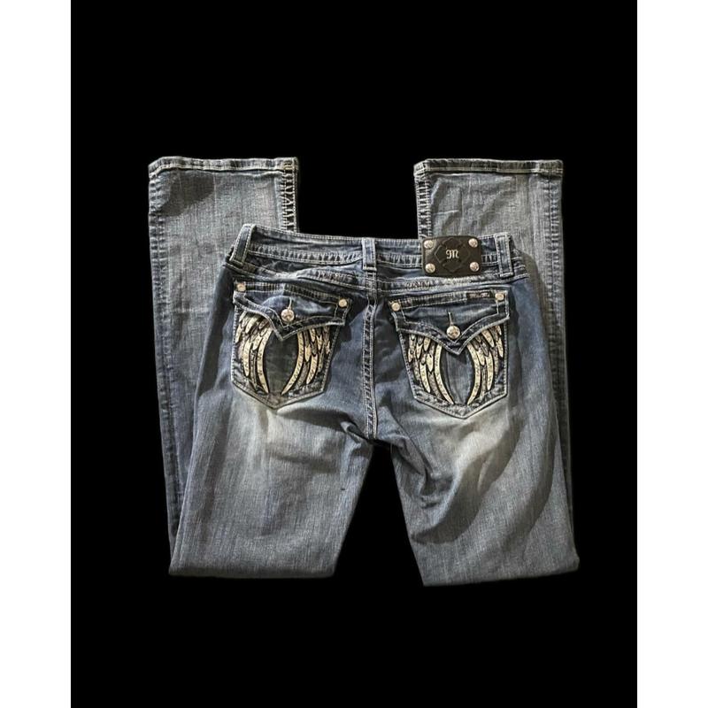 Y2K Fashion Retro Punk Llow Waist Bootcut Jeans Women Harajuku Wings Graphic Embroidered Pocket Pants Gothic Blue Denim Trousers Womenswear Bottom Streetwear Comfort 1