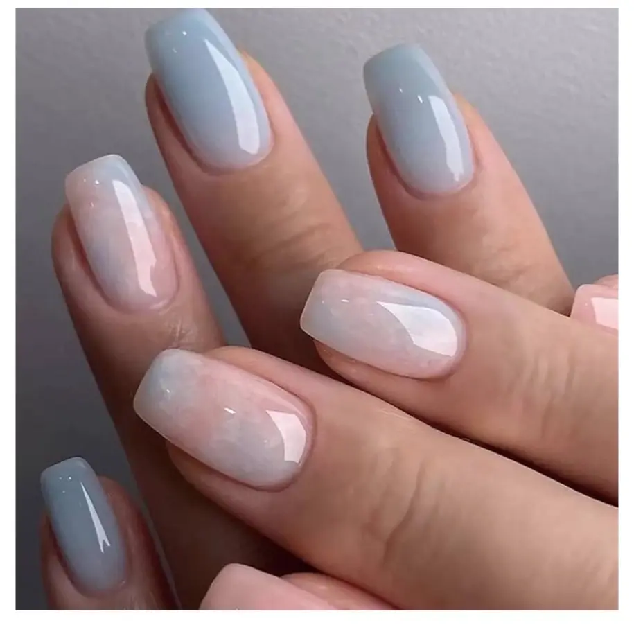 Ceboic 24Pcs Square False Nails Short, French Tips Blue Pink Press on Nails Glossy Fake Nails with Marble Designs, Acrylic Full Cover Removable Stick on Nails for Women and Girls Nails Art